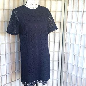 Zara navy blue short sleeves upper  lace fully lined dress size  M